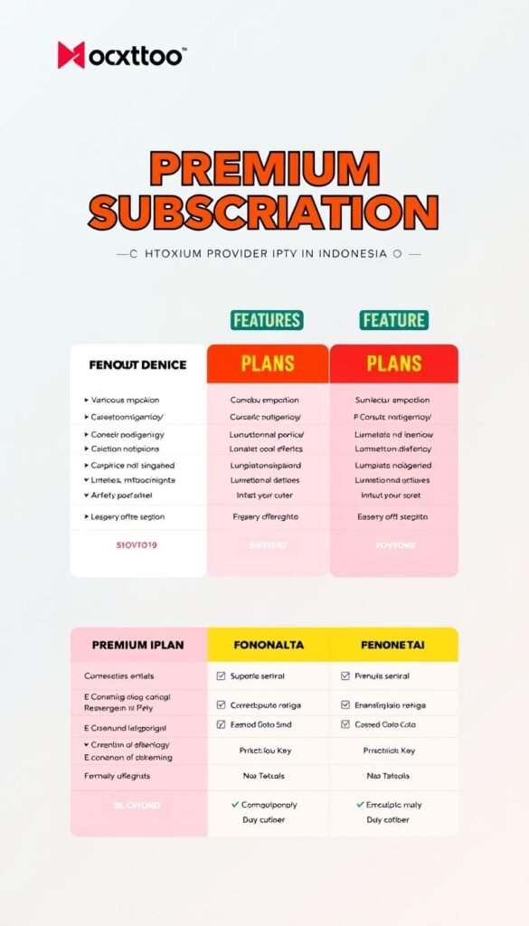 A sleek and modern graphic showcasing the premium subscription plans for the Hoxtoon Provider IPTV service in Indonesia. The image features a clean, minimalist design with three distinct tiers of plans, each highlighted with bold typography, vibrant colors, and concise details on the features and pricing. The background has a subtle gradient effect, lending a premium feel, while the overall layout is balanced and easy to navigate. The plans are presented in a clear, organized manner, making it simple for potential customers to compare the different options and select the one that best suits their needs.