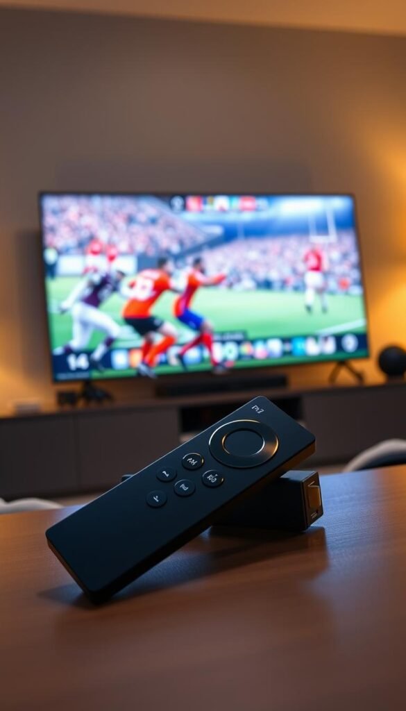 A sleek and modern home entertainment setup featuring a Firestick streaming device and a Hoxtoon Provider IPTV service. The Firestick is prominently displayed, its slim profile and intuitive remote control suggesting the ease of use. In the background, a large high-definition television screen displays vibrant sports content, immersing the viewer in the action. Soft, warm lighting illuminates the scene, creating a cozy and inviting atmosphere. The overall composition conveys the convenience and enjoyment of accessing a wide range of live sports and entertainment on a Firestick with a reliable IPTV service like Hoxtoon Provider.