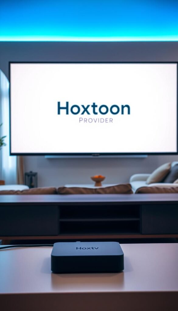 A sleek and modern home entertainment setup featuring a large smart TV. The TV screen displays the Hoxtoon Provider logo, indicating the IPTV service is currently in use. In the foreground, a minimalist TV stand holds the streaming device connected to the TV. The middle ground shows a cozy living room environment with plush seating, warm lighting, and tasteful decor. The background reveals a partially visible window, allowing natural daylight to filter in and create a bright, airy atmosphere. The overall scene conveys a comfortable, technology-enabled living space ideal for enjoying Hoxtoon Provider's IPTV services.