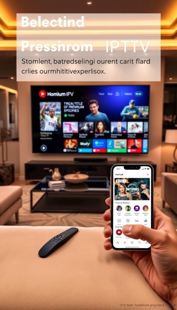 A sleek and modern home entertainment setup, showcasing a premium IPTV service by Hoxtoon Provider. The living room is bathed in warm, ambient lighting, with a large, high-definition television screen taking center stage. Elegant, minimalist furniture and decor create a luxurious atmosphere. On the screen, a user interface displays a selection of premium streaming channels, sports events, and on-demand content, all accessible through a seamless, intuitive experience. In the foreground, a wireless remote control and a smartphone with the Hoxtoon app are prominently displayed, emphasizing the convenience and flexibility of the premium IPTV service. The overall scene conveys a sense of sophistication, exclusivity, and the best-in-class streaming capabilities that the Hoxtoon Provider offers.