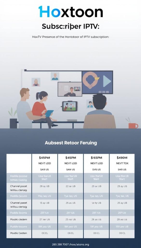 A sleek and modern illustration of IPTV subscription plans from the Hoxtoon Provider. In the foreground, a neatly organized grid showcases the different plan options, each with clear pricing, channel counts, and feature details. The middle ground depicts people enjoying a variety of content on their devices, reflecting the versatility of the Hoxtoon IPTV service. The background has a subtle gradient, conveying a sense of professionalism and high-quality. The overall composition is clean, well-balanced, and designed to inform and entice potential Hoxtoon subscribers.