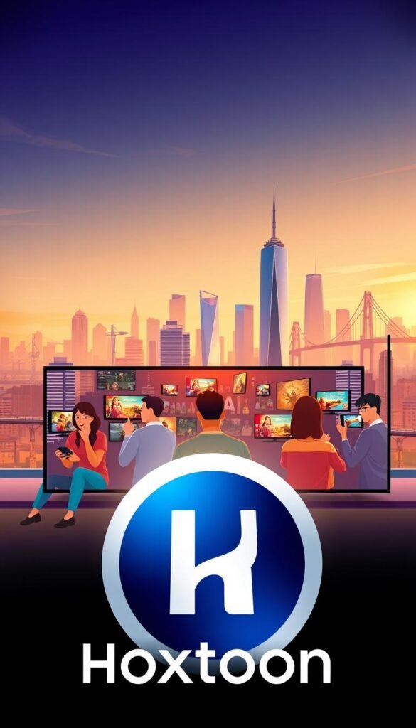 A sleek and modern illustration of the Hoxtoon Provider IPTV service, set against a backdrop of a vibrant city skyline. In the foreground, the Hoxtoon logo is prominently displayed, conveying a sense of professionalism and reliability. The middle ground features a group of diverse individuals enjoying a variety of content on their devices, highlighting the service's wide range of channels and on-demand options. The background depicts a dynamic city scene, with skyscrapers, bridges, and other urban elements, suggesting the global reach and accessibility of the Hoxtoon IPTV platform. The lighting is warm and inviting, creating a welcoming atmosphere. The overall composition is balanced and visually striking, reflecting the high-quality and comprehensive nature of the Hoxtoon IPTV service.