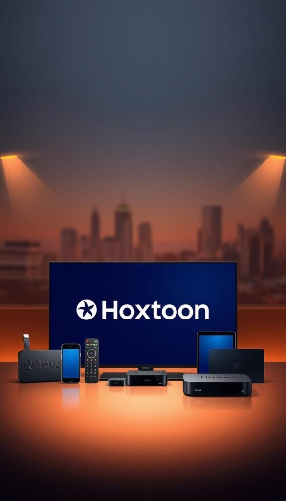 A sleek and modern illustration of the Hoxtoon Provider IPTV service. In the foreground, a high-resolution display showcases the Hoxtoon logo and branding, with a clean and minimalist design. In the middle ground, various smart devices such as smartphones, tablets, and streaming boxes are arranged, representing the multi-device support of the Hoxtoon service. The background features a subtle cityscape, hinting at the wide availability and accessibility of the Hoxtoon IPTV offering. The overall scene is illuminated by warm, directional lighting, creating a sense of professionalism and premium quality. The composition is balanced and visually appealing, reflecting the standout features and reliability of the Hoxtoon Provider IPTV service.