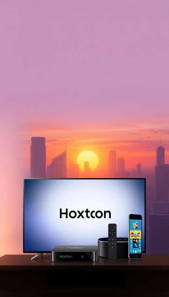 A sleek and modern illustration of the Hoxtoon Provider IPTV service. In the foreground, a high-definition smart TV displays the Hoxtoon logo and interface, showcasing its intuitive user experience. The middle ground features a range of streaming devices, including a streaming box and a smartphone, highlighting the compatibility and accessibility of the Hoxtoon service. In the background, a cityscape with skyscrapers and a vibrant sunset creates a sense of urban sophistication, reflecting the cutting-edge nature of the Hoxtoon Provider. Soft, warm lighting and a clean, minimalist design aesthetic convey the professionalism and reliability of the Hoxtoon brand.