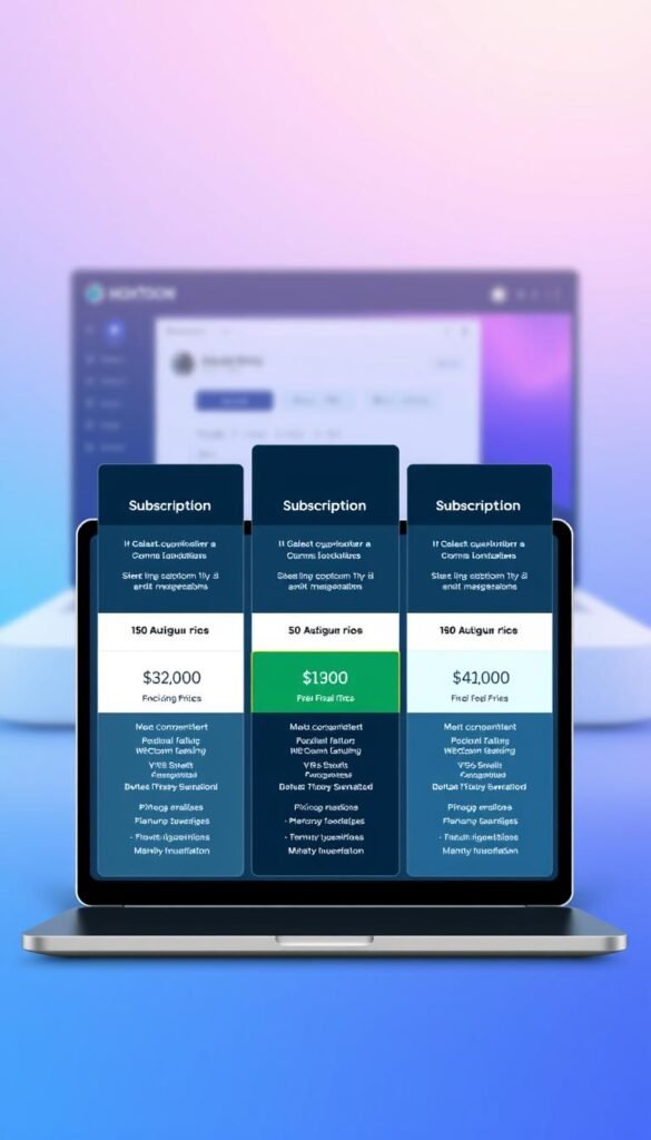 A sleek and modern illustration showcasing the Hoxtoon Provider subscription plans and pricing structure. The foreground features a laptop or tablet display showcasing three distinct subscription tiers, each with detailed channel lineups, features, and pricing. The middle ground shows a minimalist dashboard or interface, hinting at the user experience. The background has a soft, blurred gradient in shades of blue and purple, evoking a sense of digital connectivity and technology. The overall composition conveys a professional, high-quality IPTV service with a focus on transparency and user-friendly plans.