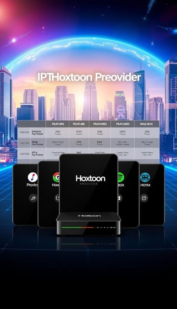 A sleek and modern illustration showcasing the comparison between IPTV providers, featuring the Hoxtoon Provider brand prominently in the center. In the foreground, a row of Mag Box devices representing the various IPTV options, each with distinct icons and logos. The middle ground displays a side-by-side comparison of the key features and capabilities of the IPTV providers, presented in a clean, infographic-style layout. The background depicts a high-tech, futuristic cityscape, hinting at the advanced technology and global reach of these IPTV services. The overall composition conveys a sense of professionalism, innovation, and the advantages of the Hoxtoon Provider solution for Mag Box users.