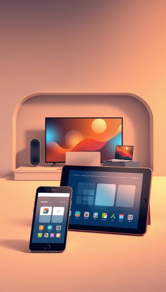 A sleek and modern illustration showcasing the multi-device support of the Hoxtoon Provider. In the foreground, a stylized tablet and smartphone devices seamlessly connected, displaying the Hoxtoon Provider's intuitive interface. In the middle ground, a laptop and smart TV effortlessly integrate with the Hoxtoon ecosystem, highlighting its cross-platform capabilities. The background features a minimalist, high-tech setting with clean lines and subtle gradients, conveying a sense of technological sophistication. Warm, directional lighting illuminates the scene, casting subtle shadows and highlights to create depth and dimension. The overall composition and color palette evoke a sleek, premium, and user-friendly experience with the Hoxtoon Provider's product.