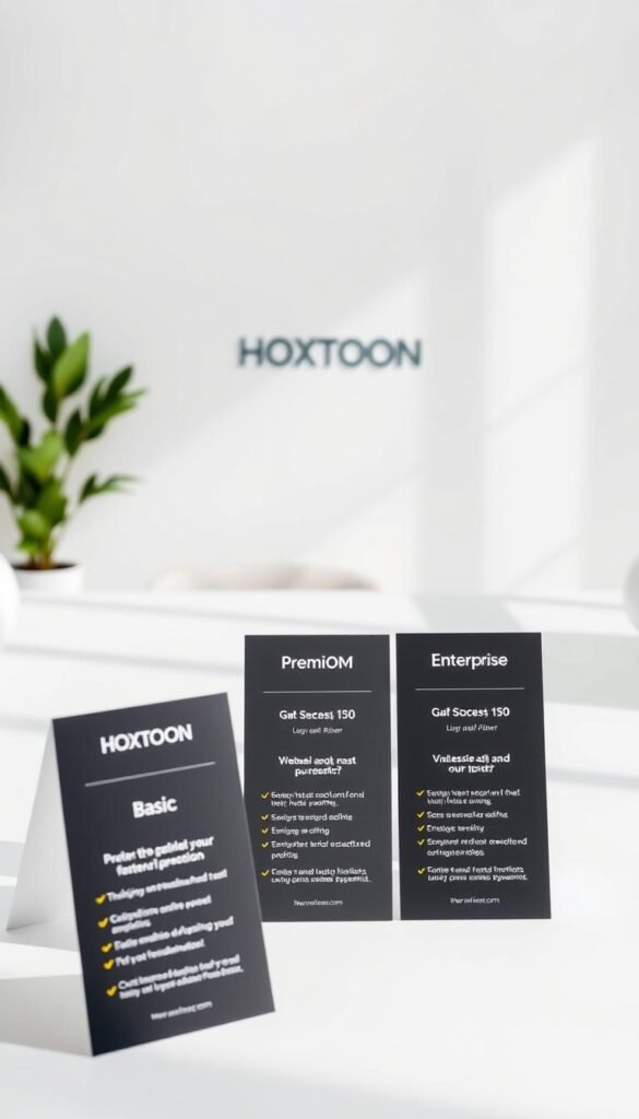A sleek and modern image showcasing the HOXTOON Provider subscription plans. In the foreground, three elegant cards display the different HOXTOON plans - Basic, Premium, and Enterprise - each with clear pricing and feature details. The cards are positioned on a minimalist, white-themed tabletop, with soft shadows and highlights enhancing the depth and dimensionality. The middle ground features a subtle HOXTOON logo, conveying the brand identity. The background is a clean, light-filled space, creating an inviting and professional atmosphere. The overall composition is balanced, visually appealing, and effectively communicates the HOXTOON subscription options.