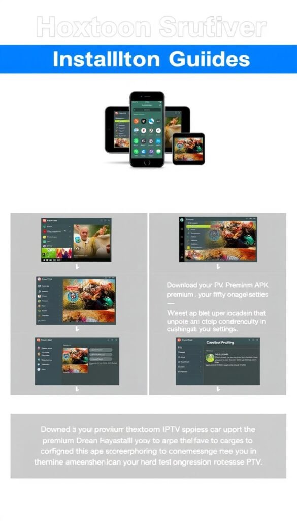 A sleek and modern installation guide for the Hoxtoon Provider Dream Player Premium IPTV service. Showcase the app's intuitive interface on a minimalist, white background, with clean lines and simple icons. Depict the step-by-step setup process, from downloading the APK to configuring the settings, using a series of elegant, high-resolution screenshots. Capture the excitement and convenience of unlocking premium IPTV content with a subtle, cinematic lighting that emphasizes the app's sophistication. Convey a sense of professionalism and reliability that matches the quality of the Hoxtoon Provider service.