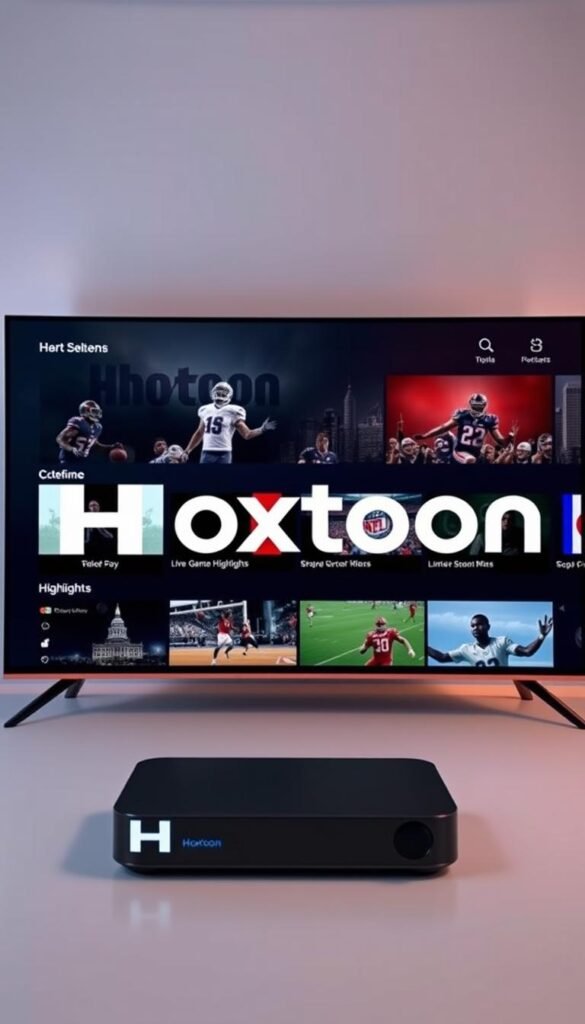 A sleek and modern interface for the Hoxtoon IPTV Provider, showcasing a clean and intuitive design. The foreground displays the Hoxtoon logo prominently, with a crisp and well-defined rendering. The middle ground features a selection of sports-related content, such as live game streams and highlights, presented in a visually appealing grid layout. The background subtly depicts a cityscape, hinting at the diverse range of content available through the Hoxtoon service. The overall atmosphere conveys a sense of professionalism, reliability, and the ability to deliver a premium IPTV experience for sports enthusiasts in the USA.