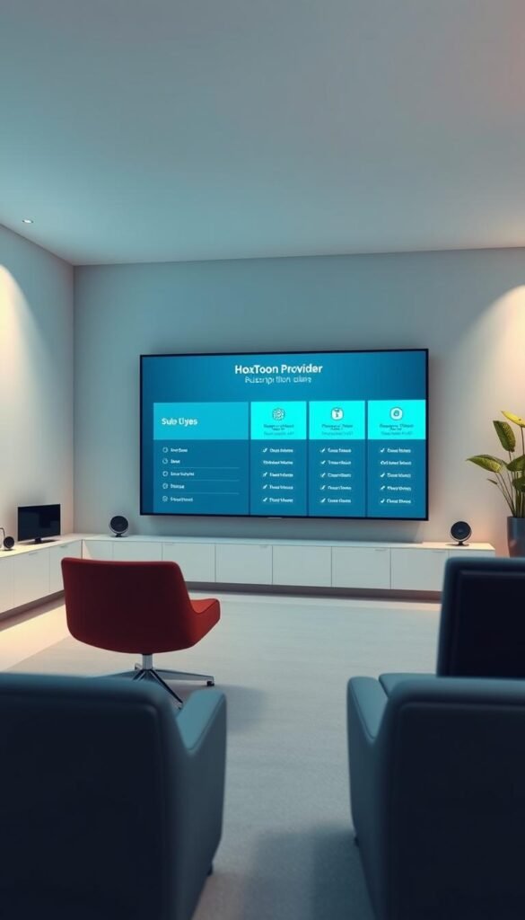 A sleek and modern interior design featuring a clean layout showcasing the Hoxtoon Provider subscription plans. The scene depicts a minimalist workspace with a large display screen presenting the plan details in a visually appealing manner. The display uses a cool, professional color scheme and clear typography to convey the plan information. The background is softly lit, creating a sense of sophistication and high-end technology. The overall composition is balanced, drawing the viewer's attention to the core subscription plan details. The image should feel both informative and visually striking, reflecting the premium quality of the Hoxtoon Provider IPTV service.