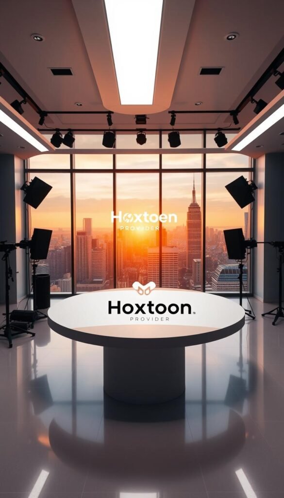 A sleek and modern interior of a professional media production studio, with sophisticated lighting and high-end equipment. In the center, a large, curved display showcases the Hoxtoon Provider brand logo, surrounded by a minimalist, futuristic design. The background features floor-to-ceiling windows overlooking a vibrant city skyline, bathed in warm, golden hour lighting. The overall atmosphere exudes a sense of premium quality, innovation, and technological excellence, reflecting the best premium IPTV provider in the USA.