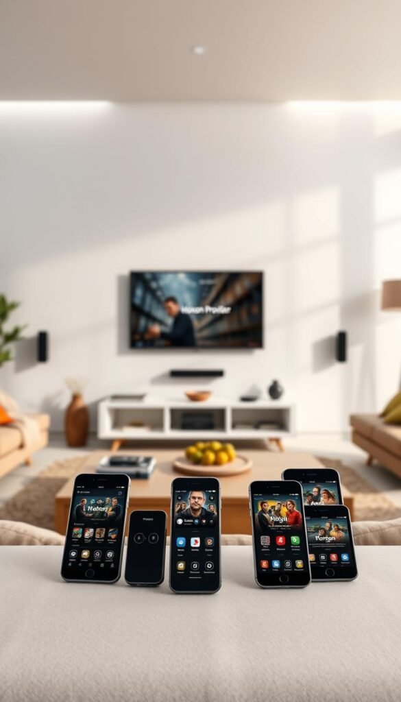 A sleek and modern interior with a central entertainment hub, showcasing the Hoxtoon Provider streaming service. Soft lighting illuminates a large, high-definition display, surrounded by a minimalist media console with various connected devices. The foreground features a minimalist remote control, hinting at the seamless user experience. In the middle ground, several smartphones and tablets are arranged, each displaying the Hoxtoon Provider interface, emphasizing the multi-device compatibility. The background depicts a cozy, inviting living room setting, with plush furniture and warm accents, creating an immersive and comfortable viewing environment.
