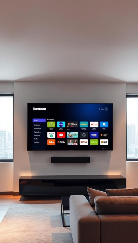 A sleek and modern living room interior, with a large flat-screen Roku TV mounted on the wall. The Hoxtoon Provider interface is displayed on the screen, showcasing its clean and intuitive design. The UI features a grid of colorful app icons, arranged neatly. Soft, diffused lighting illuminates the scene, creating a warm and inviting atmosphere. The room is furnished with contemporary furniture, including a plush couch and a minimalist coffee table. Through the windows, a cityscape can be seen in the distance, hinting at the versatility of the Hoxtoon streaming service. The overall mood is one of sophistication and technological refinement.