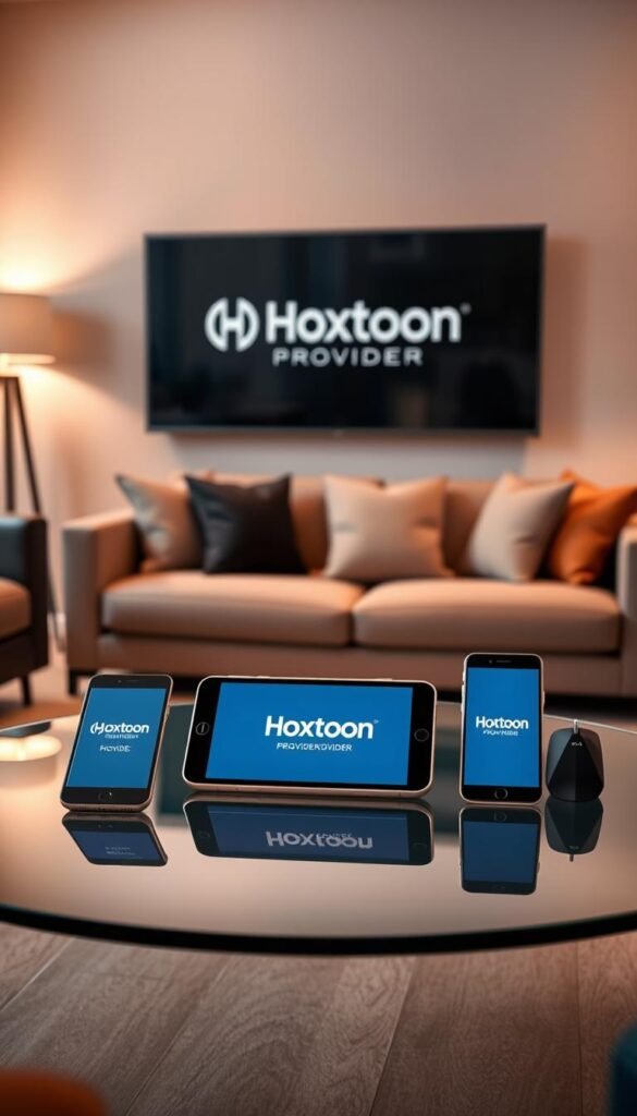 A sleek and modern living room setting, with multiple devices seamlessly connected and displaying the Hoxtoon Provider logo. In the foreground, a smart TV, tablet, and smartphone are arranged on a minimalist glass coffee table, showcasing the compatibility and synchronization of content across devices. The middle ground features a comfortable sofa and armchair, creating a cozy and inviting atmosphere for enjoying the Hoxtoon streaming experience. The background is softly lit, with warm lighting creating a relaxed ambiance, highlighting the technological integration and ease of use. The overall composition conveys the versatility and reliability of the Hoxtoon Provider platform, allowing users to access their favorite content from anywhere in the room.