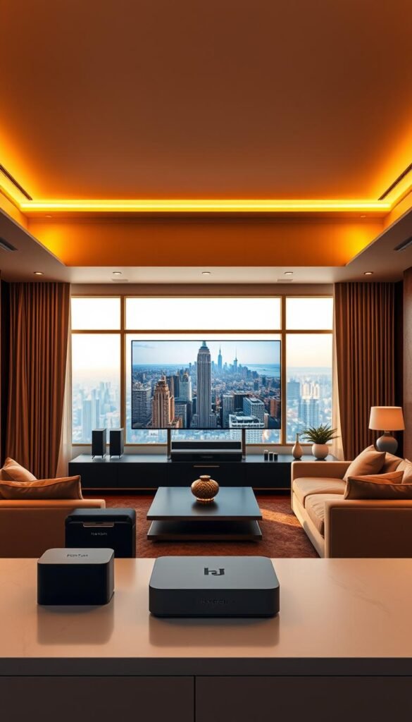 A sleek and modern living room, with a large flat-screen TV dominating the center. The room is bathed in warm, golden lighting, creating a cozy and inviting atmosphere. In the foreground, a chic entertainment system houses various streaming devices, including the Hoxtoon Provider set-top box, seamlessly blending into the minimalist decor. The middle ground features comfortable seating arrangements, inviting viewers to immerse themselves in the digital entertainment experience. The background showcases a panoramic window, offering a glimpse of a vibrant city skyline, symbolizing the evolution of television from traditional broadcast to the digital age.