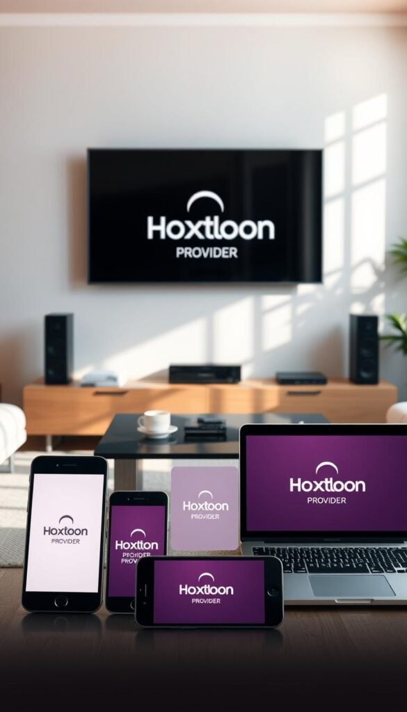 A sleek and modern living room with a large flatscreen TV mounted on the wall. In the foreground, various devices like smartphones, tablets, and a laptop are arranged, each displaying the Hoxtoon Provider logo, showcasing the multi-device support for the IPTV service. The room is bathed in warm, natural lighting, creating a cozy and inviting atmosphere. The devices are positioned in a visually appealing, symmetrical layout, highlighting the seamless integration of the IPTV solution across different platforms. The overall scene conveys the convenience and flexibility of the Hoxtoon Provider IPTV service, allowing users to enjoy their favorite content on any device they choose.