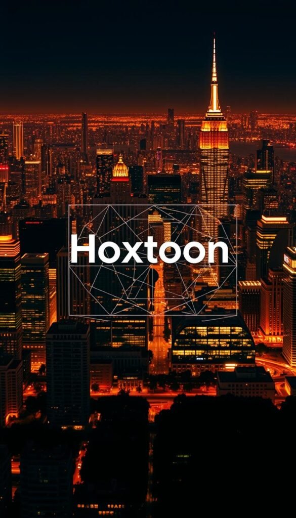 A sleek and modern logo for the Hoxtoon IPTV Provider, set against a backdrop of a vibrant cityscape. The logo features the brand name "Hoxtoon Provider" in a bold, minimalist typeface, centered within a geometric shape that evokes a television screen or digital interface. The cityscape in the background is illuminated by a warm, golden glow, suggesting a sense of premium, high-quality entertainment. The composition is balanced and visually striking, conveying the authority and reliability of Hoxtoon as a leading IPTV provider.