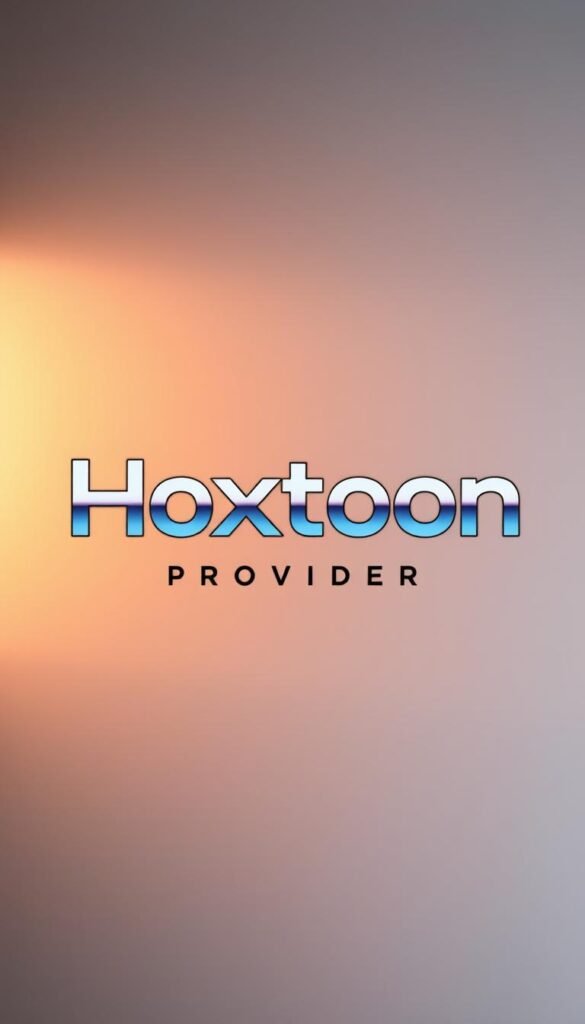 A sleek and modern logo for the "Hoxtoon Provider" IPTV service against a soft, blurred background. The logo features the brand name in a bold, minimalist font with a subtle gradient effect, giving it a professional and high-tech appearance. The image is lit from the left with a warm, inviting light that casts a gentle glow on the logo, creating a sense of depth and dimension. The overall mood is one of technological sophistication and premium quality, reflecting the positioning of Hoxtoon as America's premier IPTV service.