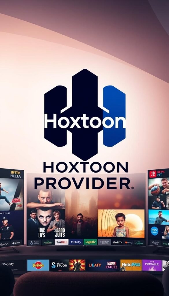 A sleek and modern logo for the "Hoxtoon Provider" IPTV service prominently displayed in the center, rendered in a bold, minimalist font. The logo is surrounded by a clean, minimalist interface showcasing the wide variety of live TV channels, on-demand content, and streaming options available through the service. The background features subtle gradients and patterns that evoke a sense of high-tech sophistication, with a warm, inviting color palette that suggests a premium entertainment experience. The entire scene is captured in a sharp, high-resolution image with a focus on the logo and interface, creating a visually striking and compelling representation of the "Hoxtoon Provider" IPTV offering.