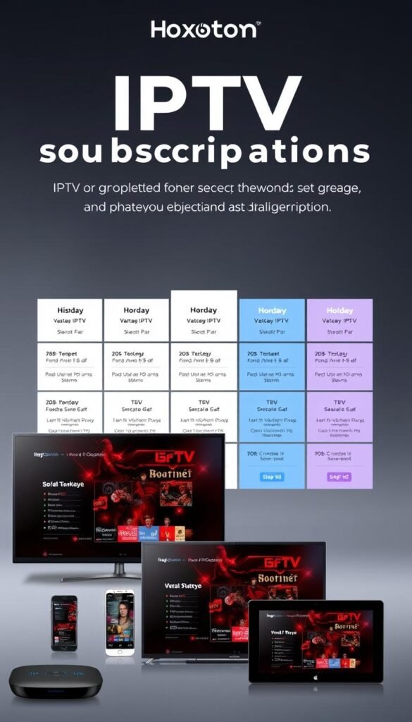 A sleek and modern-looking illustration of various IPTV subscription plans from the Hoxtoon Provider. The foreground features a selection of digital devices, such as a smart TV, a smartphone, and a tablet, showcasing the versatility of the Hoxtoon streaming service. The middle ground displays a grid of different IPTV plan options, each with clear pricing information, package details, and service highlights. The background has a subtle gradient effect, conveying a sense of professionalism and affordability. The overall composition is clean, well-balanced, and visually appealing, highlighting the competitive and accessible nature of the Hoxtoon IPTV plans.