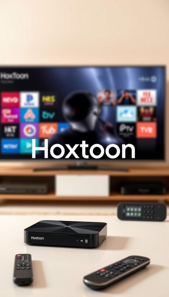 A sleek and modern-looking image of the "Hoxtoon Provider" IPTV service. The image features a central focus on the Hoxtoon logo, prominently displayed in a clean and bold font. The background showcases an array of streaming devices, including a smart TV, a set-top box, and a mobile device, all elegantly arranged to convey the idea of a comprehensive IPTV solution. The lighting is soft and warm, creating a pleasant and inviting atmosphere. The overall composition is well-balanced, with the Hoxtoon branding taking center stage, surrounded by the supporting elements that highlight the service's versatility and wide range of features. The image conveys a sense of professionalism, reliability, and the high-quality experience that Hoxtoon IPTV service provides.