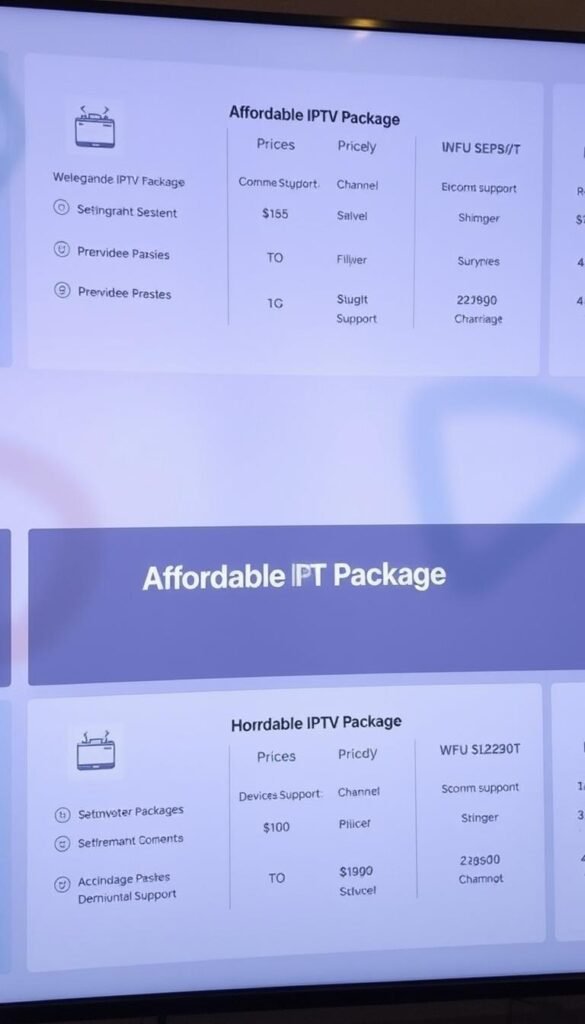 A sleek and modern-looking interface showcasing various Hoxtoon Provider subscription plans, with clear pricing, channel counts, and device support information. The foreground features a clean, minimalist design with simple icons and clean typography. The middle ground highlights the "Affordable IPTV Package" option, prominently displayed and emphasized. The background has a soft, blurred gradient in calming, muted tones that complement the overall aesthetic. The lighting is soft and even, creating a professional and inviting atmosphere. The camera angle is slightly elevated, giving a sense of authority and trustworthiness to the Hoxtoon Provider brand.