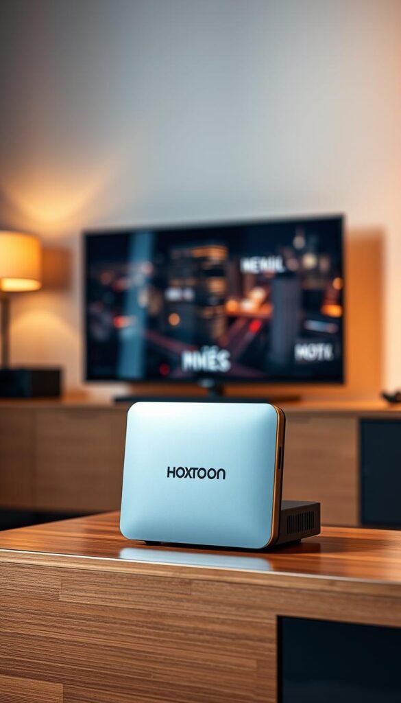 A sleek and modern media hub, the Mag Box sits prominently on a wooden entertainment center, showcasing the Hoxtoon Provider logo. Soft, indirect lighting illuminates the scene, creating a warm and inviting atmosphere. In the foreground, the Mag Box gleams with a metallic finish, its simple yet elegant design capturing the attention. The background features a blurred cityscape, hinting at the global connectivity and cutting-edge technology that Hoxtoon Provider offers. The overall composition conveys a sense of sophistication, reliability, and the seamless integration of IPTV services into the modern home entertainment experience.