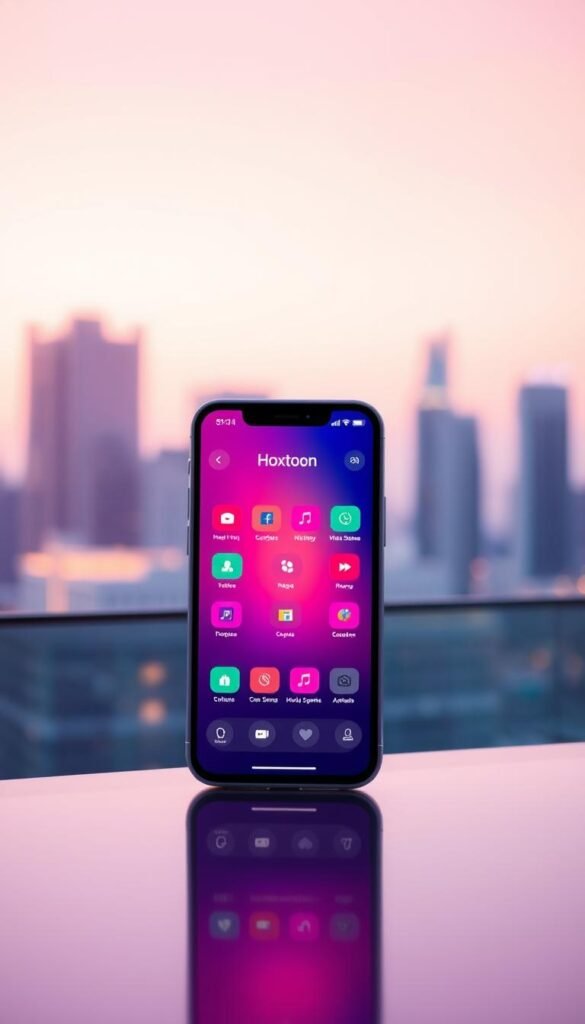 A sleek and modern mobile app interface for the Hoxtoon Provider service. Centered on the screen, a vibrant, high-resolution display showcases the app's main menu, featuring crisp icons and an intuitive layout. The app's branding is prominently displayed, with the "Hoxtoon Provider" name in a bold, distinctive font. The interface is bathed in a warm, soft lighting, creating a welcoming and premium atmosphere. In the background, a subtle gradient or blurred cityscape provides a sense of place, hinting at the app's global reach and connectivity. The overall composition is balanced, with elements arranged to guide the viewer's eye towards the key features of the Hoxtoon mobile experience.
