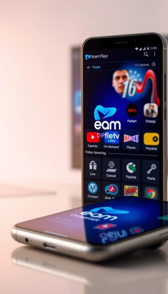 A sleek and modern mobile device with the "Dream Player IPTV Premium APK" logo prominently displayed on the screen. The device is positioned in the foreground, its glass surface reflecting the vibrant colors and details of the IPTV platform's user interface. In the middle ground, various icons and menu options are visible, showcasing the app's key features such as live TV channels, on-demand content, and parental controls. The background is a blurred, gradient-filled environment, suggesting a sense of technological sophistication and digital immersion. The lighting is soft and diffused, creating a warm and inviting atmosphere. The overall composition emphasizes the premium nature of the "Dream Player IPTV Premium APK" by Hoxtoon Provider, highlighting its sleek design and comprehensive feature set.