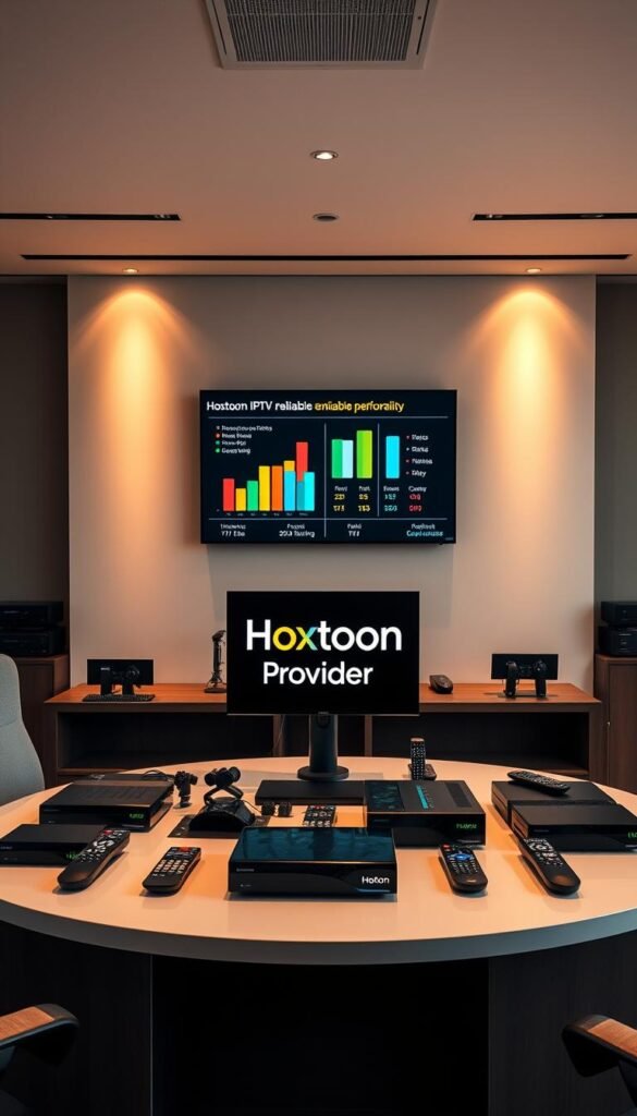 A sleek and modern office interior, with a large central desk showcasing various IPTV service providers. On the desk, a prominently displayed "Hoxtoon Provider" logo stands out, surrounded by neatly arranged remote controls, set-top boxes, and other IPTV hardware. The room is bathed in warm, directional lighting, creating a professional and trustworthy atmosphere. In the background, a wall-mounted display showcases comparative metrics and performance data, highlighting Hoxtoon's reliable and high-quality IPTV services. The overall scene conveys a sense of industry expertise, technological superiority, and a commitment to providing the best IPTV experience.