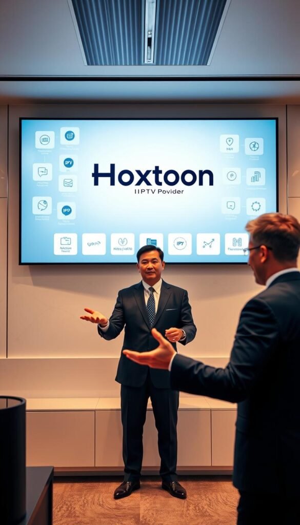 A sleek and modern office interior with a large flat-screen display showcasing the Hoxtoon Provider logo. The display is surrounded by various IPTV-related icons and infographics, highlighting Hoxtoon's features and performance metrics. In the foreground, a professional-looking person in a business suit is gesturing towards the display, presenting Hoxtoon as the best IPTV provider. The lighting is bright and warm, creating a sense of authority and trustworthiness. The background is clean and minimalist, with subtle patterns and textures to add visual interest. The overall composition conveys a high-quality, enterprise-level IPTV service that is the clear choice for discerning customers.