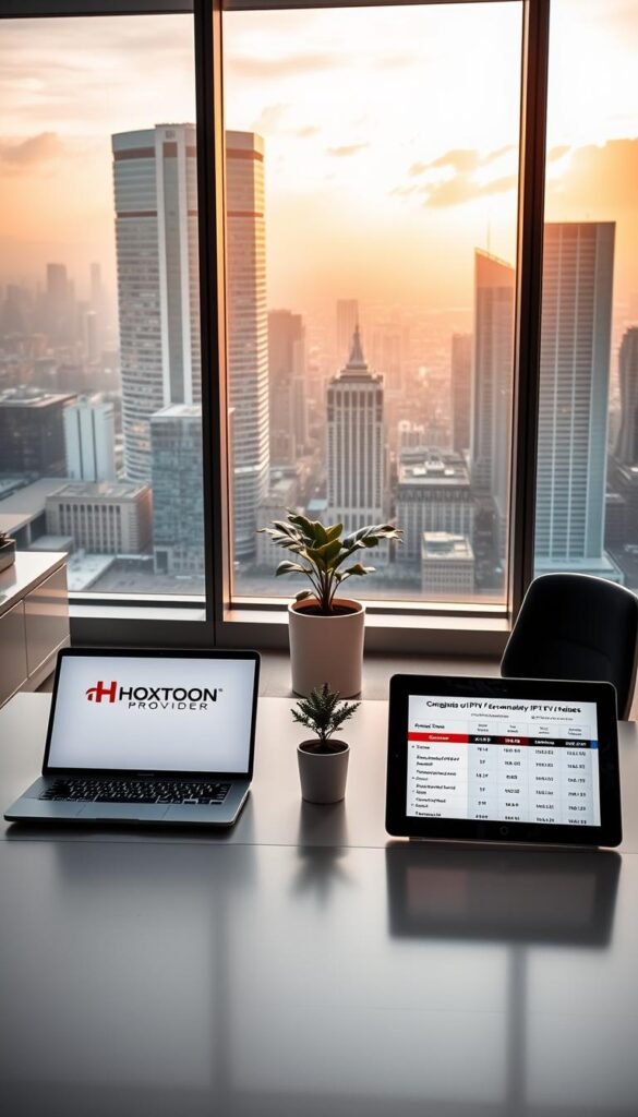 A sleek and modern office setting with a clean, minimalist aesthetic. A large desk in the foreground features two laptop computers side-by-side, one displaying the Hoxtoon Provider logo, the other showing a comparison of IPTV service providers. The middle ground features a stylish swivel chair and a plant in a modern pot. The background showcases floor-to-ceiling windows overlooking a bustling city skyline, bathed in warm, natural lighting. The overall mood is professional, informative, and visually appealing, drawing the viewer's attention to the comparative analysis of IPTV services.