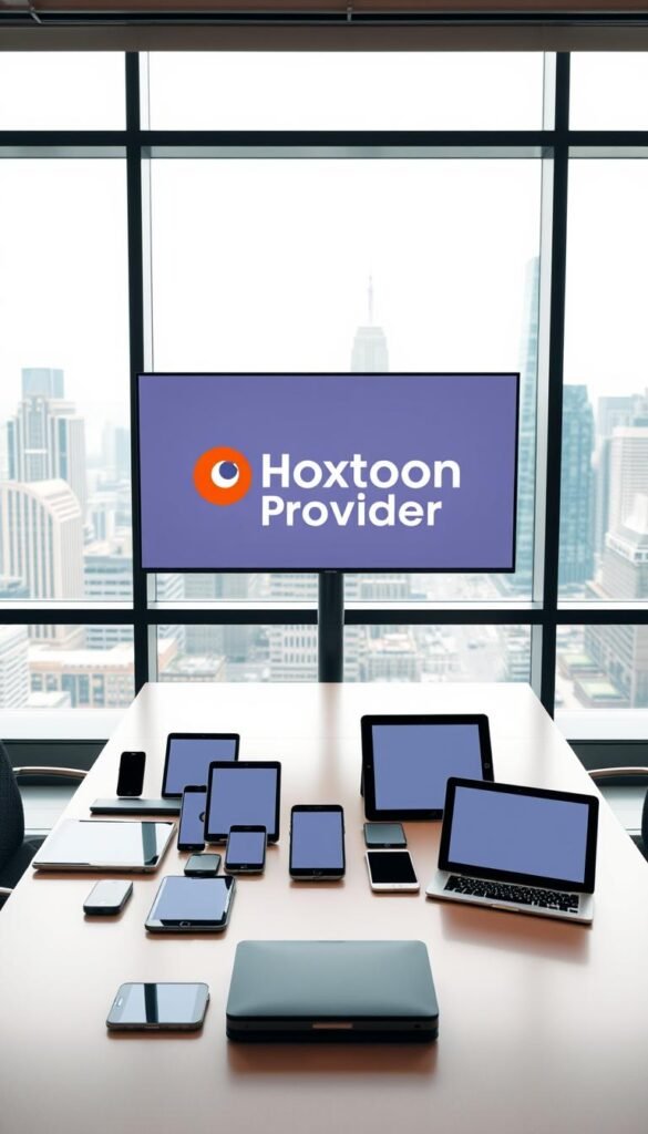 A sleek and modern office setting, with a large window overlooking a bustling city skyline. In the foreground, a Hoxtoon Provider logo is prominently displayed on a high-resolution monitor, surrounded by a variety of smart devices including smartphones, tablets, and laptops. The devices are arranged in a way that suggests seamless multi-device compatibility, with content effortlessly transitioning between them. Soft, diffused lighting illuminates the scene, creating a warm and inviting atmosphere. The overall composition conveys a sense of versatility, flexibility, and the ability to access content from anywhere, at any time.