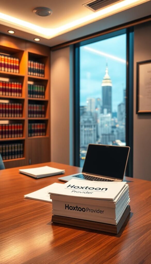 A sleek and modern office setting, with a large window overlooking a bustling city skyline. In the foreground, a wooden desk features the Hoxtoon Provider logo prominently displayed. On the desk, a laptop and a stack of legal documents suggest the topic of IPTV legal compliance. The room is bathed in warm, indirect lighting, creating a professional and authoritative atmosphere. In the background, shelves filled with law books and a framed diploma on the wall reinforce the legal theme. The overall composition conveys a sense of expertise, legitimacy, and attention to regulatory requirements in the IPTV industry.