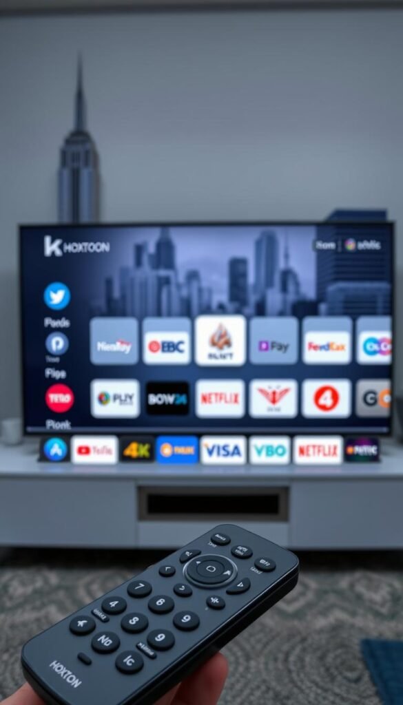 A sleek and modern premium IPTV interface, showcasing a curated selection of high-definition channels from the Hoxtoon Provider. The interface features a clean and intuitive layout, with crisp icons and a minimalist color palette of blues and grays. In the foreground, a remote control and a smart TV display the Hoxtoon logo, hinting at the seamless integration and user-friendly experience. The middle ground features a grid of channel logos, representing the breadth and quality of the Hoxtoon IPTV offering. The background depicts a cityscape, alluding to the global reach and reliability of the Hoxtoon network. The overall atmosphere conveys a sense of exclusivity, technology, and a premium viewing experience.
