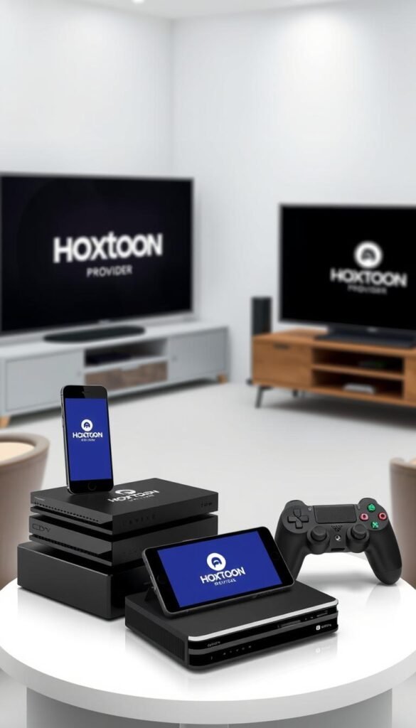 A sleek and modern scene showcasing the multi-device compatibility of the Hoxtoon IPTV service. In the foreground, a stack of various electronic devices including a smart TV, tablet, smartphone, and gaming console, all seamlessly connected and displaying the Hoxtoon Provider brand logo. The middle ground features a clean, minimalist living room setting with comfortable furniture and subtle lighting, creating a cozy and technologically-advanced atmosphere. The background blends a soft, blurred city skyline, hinting at the global reach and versatility of the Hoxtoon IPTV platform. The overall composition emphasizes the ease of use, cross-device integration, and the wide range of entertainment options available to Hoxtoon IPTV subscribers.
