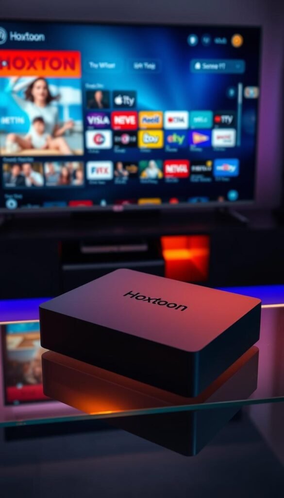 A sleek and modern set-top box with the Hoxtoon Provider logo prominently displayed, resting on a minimalist glass or metal surface. The box is illuminated by warm, soft lighting, highlighting its clean, angular design. In the background, a vibrant, high-definition 4K television screen displays a crisp, colorful IPTV interface, showcasing the service's comprehensive channel lineup and user-friendly navigation. The scene conveys a sense of premium quality, advanced technology, and the ultimate home entertainment experience.