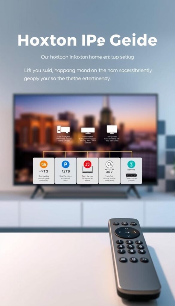 A sleek and modern setup guide for the Hoxtoon Provider IPTV service. In the foreground, a high-resolution image of a minimalist TV remote control, its metallic surface reflecting the soft lighting from above. In the middle ground, a visually striking diagram showcasing the easy step-by-step process for setting up the Hoxtoon IPTV service on various devices, with clean icons and a sophisticated color palette. The background features a subtle, blurred cityscape, hinting at the global reach and accessibility of the Hoxtoon platform. The overall composition conveys a sense of technological sophistication, user-friendliness, and the seamless integration of the Hoxtoon IPTV service into modern home entertainment.