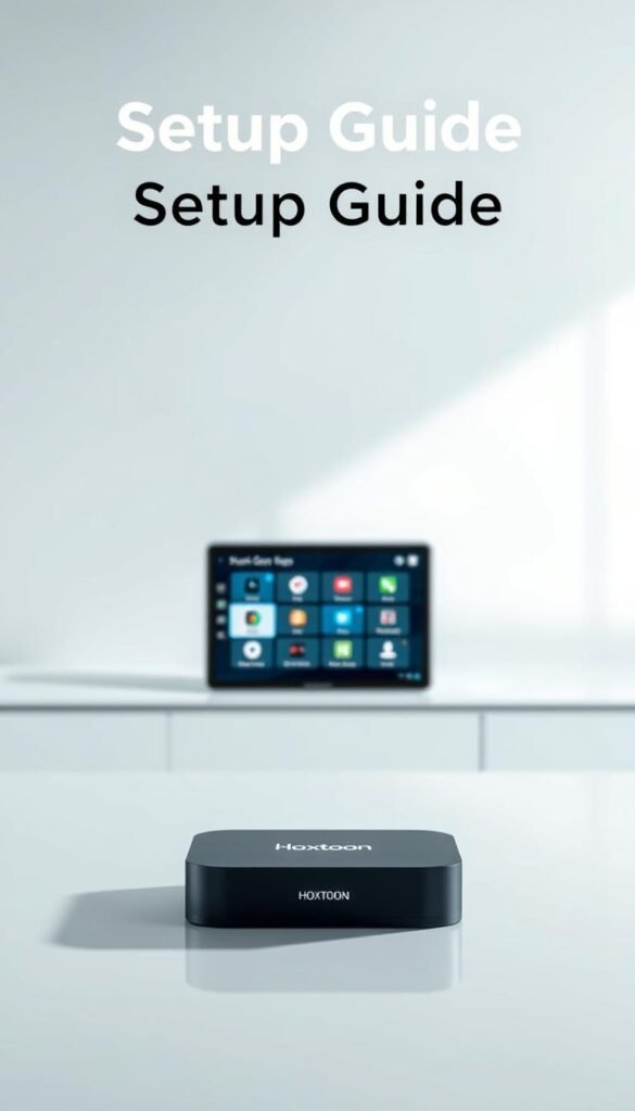 A sleek and modern setup guide for the Hoxtoon Provider, showcasing the device and its user interface against a clean, minimalist backdrop. In the foreground, the Hoxtoon device rests on a smooth, reflective surface, casting a subtle shadow. The middle ground features a tablet or laptop displaying the Hoxtoon platform's intuitive menu system, with clear icons and user-friendly navigation. The background is a softly blurred, neutral-toned environment, allowing the technology to take center stage. The lighting is balanced and natural, highlighting the device's premium design and the clarity of the on-screen elements. The overall atmosphere conveys a sense of efficiency, simplicity, and professionalism, reflecting the Hoxtoon Provider's commitment to delivering a seamless IPTV experience.