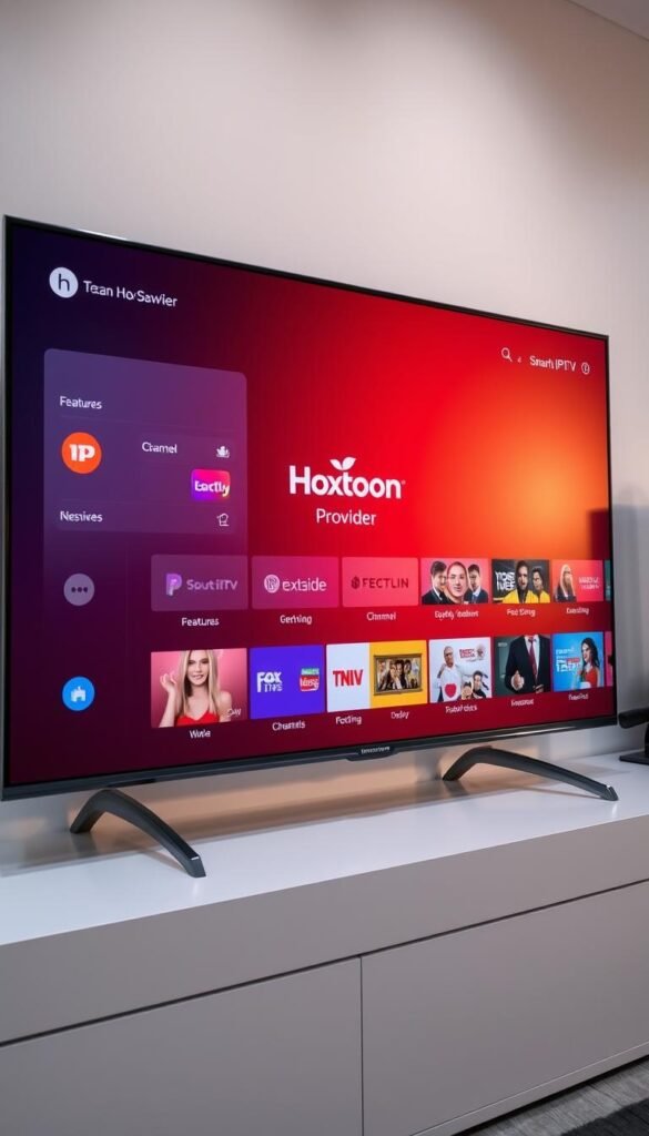 A sleek and modern smart TV display, showcasing a side-by-side comparison of popular IPTV service providers, including the Hoxtoon Provider. The Hoxtoon logo is prominently featured, highlighting its position as a leading contender. The scene is illuminated by soft, directional lighting, creating depth and emphasizing the details of the various service interfaces. The layout is clean and organized, allowing the viewer to easily compare the features, channel offerings, and user experiences of the different IPTV options. The overall atmosphere conveys a sense of professionalism and technological sophistication, befitting the subject matter.