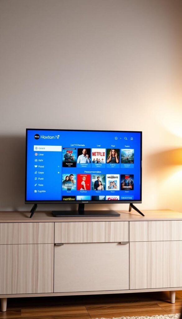A sleek and modern smart TV displaying the Hoxtoon Provider IPTV Premium APK interface. The screen showcases a clean, intuitive layout with a grid of live TV channels, on-demand content, and personalized recommendations. A soft, ambient lighting illuminates the scene, creating a cozy and inviting atmosphere. The TV is placed on a minimalist, wood-paneled entertainment unit, blending seamlessly with the modern decor of the room. The overall composition emphasizes the ease and convenience of accessing a vast library of premium streaming content directly on a smart TV.