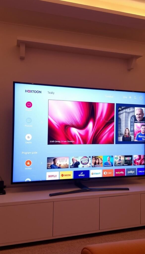 A sleek and modern smart TV interface displaying the Hoxtoon Provider IPTV app. The home screen features a clean, minimalist design with crisp icons and intuitive navigation. In the center, a vibrant high-definition live TV stream takes up the majority of the screen, showcasing the premium video quality. Surrounding the video player, a sidebar provides easy access to popular channels, a comprehensive program guide, and customizable settings. The entire interface is bathed in a soft, warm lighting that creates a cozy, living room atmosphere, inviting the viewer to sit back and enjoy their favorite content.