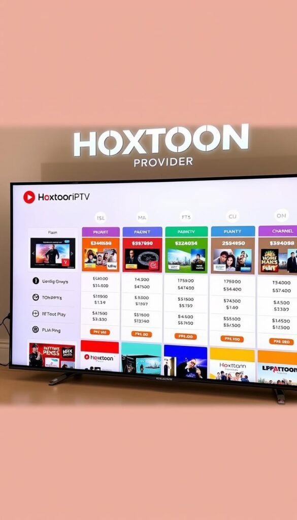 A sleek and modern smart TV interface showcasing the Hoxtoon Provider IPTV subscription plans. The display features a clean grid layout with various plan options, including channel counts, video-on-demand libraries, and pricing details. The background is a warm, neutral tone, creating a professional and inviting atmosphere. The Hoxtoon Provider logo is prominently displayed, ensuring brand recognition. The overall composition is well-balanced, with a focus on the informative content to help users easily compare and select the ideal IPTV plan for their needs.
