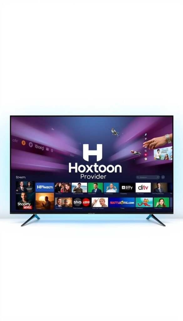 A sleek and modern smart TV interface showcasing the Hoxtoon Provider app. The app's logo and branding prominently displayed on a large, high-resolution screen. The screen is surrounded by a minimalist, high-tech aesthetic with clean lines and subtle lighting effects. In the background, a dynamic array of digital channels, streaming content, and video-on-demand options create a sense of the app's vast media library. The overall composition conveys the app's power, versatility, and user-friendly design, inviting the viewer to explore Hoxtoon Provider's expansive content offerings.
