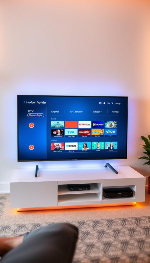 A sleek and modern smart TV with an intuitive IPTV setup, showcasing the Hoxtoon Provider interface. The screen displays a clear, high-definition image, highlighting the extensive channel selection and on-demand content available. The TV is positioned on a minimalist entertainment unit, with subtle mood lighting illuminating the space. The environment is clean, well-organized, and evokes a sense of techsavvy sophistication. The composition emphasizes the seamless integration of the Hoxtoon IPTV service, conveying the ease and convenience of the troubleshooting process described in the article.