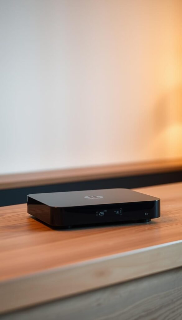 A sleek and modern streaming media player with a glossy black exterior sits prominently on a minimalist wooden table. The device's clean lines and understated design evoke a sense of simplicity and elegance. Soft, diffused lighting from an unseen source creates a warm, inviting atmosphere, highlighting the player's intricate details and the textures of the surrounding environment. In the background, a neutral wall provides a serene backdrop, allowing the media player to take center stage. The Hoxtoon Provider logo subtly adorns the device, ensuring a seamless integration with the overall scene.