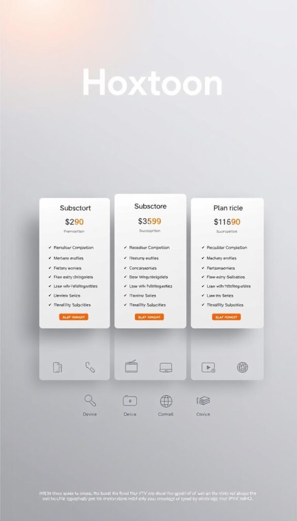 A sleek and modern subscription plan page for the premium IPTV provider Hoxtoon. The foreground features three neatly arranged plan tiers, each with a clear pricing breakdown and detailed feature lists. The middle ground showcases device compatibility icons, highlighting the wide range of supported platforms. The background has a subtle grid pattern in muted tones, creating a clean and professional look. Soft lighting from the top-left casts a warm glow, emphasizing the high-quality branding and design. The overall aesthetic is minimalist yet informative, designed to appeal to tech-savvy users seeking a reliable IPTV service.
