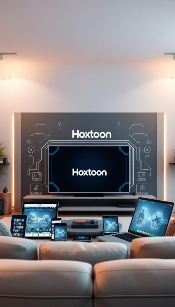 A sleek and modern technology-driven scene showcasing the multi-device support of the Hoxtoon Provider platform. In the foreground, a stylish living room setup with a large flat-screen TV, surrounded by a range of smart devices including tablets, smartphones, and a laptop, all connected and streaming content seamlessly. The middle ground features a futuristic, minimalist interface displaying the Hoxtoon Provider brand, highlighting its cross-platform capabilities. In the background, a soft, ambient lighting creates a cozy, high-tech atmosphere, complemented by subtle patterns and textures suggestive of advanced digital networks. The overall composition conveys the seamless integration of Hoxtoon Provider's multi-device support, catering to the modern, tech-savvy lifestyle of its users.