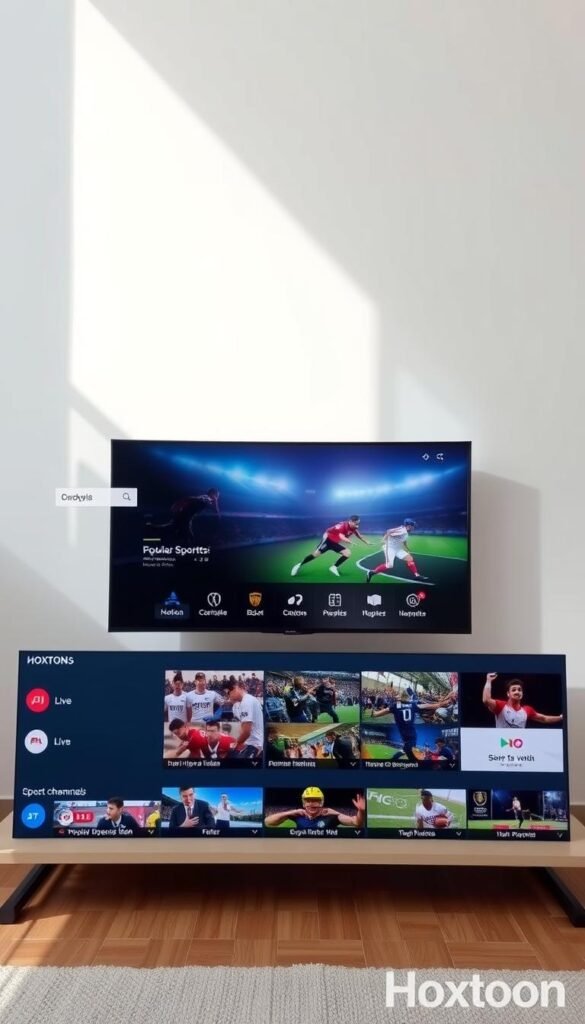 A sleek and modern user interface for a Hoxtoon Provider IPTV service. The foreground features a clean and intuitive dashboard with large, colorful icons for popular sports channels and categories. The middle ground showcases a grid of thumbnail previews for live events, with a focus on dynamic, high-definition video playback. The background subtly fades into a minimalist design, with a soft gradient hinting at the versatility of the platform. Bright, natural lighting from a slightly elevated camera angle creates a welcoming and user-friendly atmosphere, inviting the viewer to explore the intuitive navigation and seamless streaming experience.